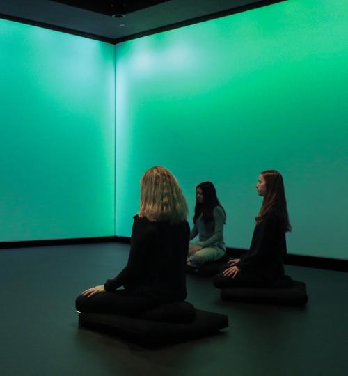 Students meditating in the Conservatory with green backlighting