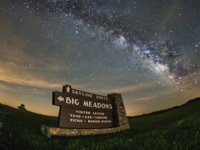 Sign on the way to Big Meadows with view of the Milky Way