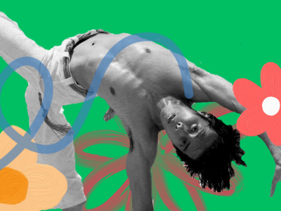 A man doing summersault amidst graphics of flowers