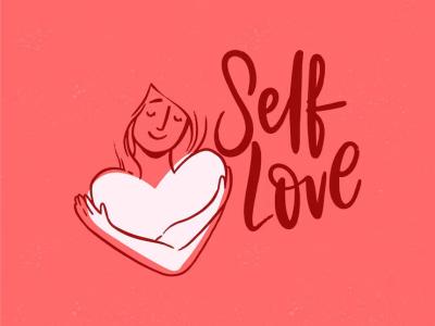 Drawing of woman hugging her heart with the words "Self Love" next to her