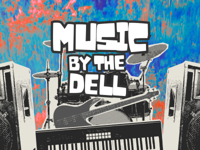 A graphic featuring a heatmapped image of Dell Pond with black and white musical instruments and speakers overlaid. Bold, white text in all caps reads: MUSIC BY THE DELL