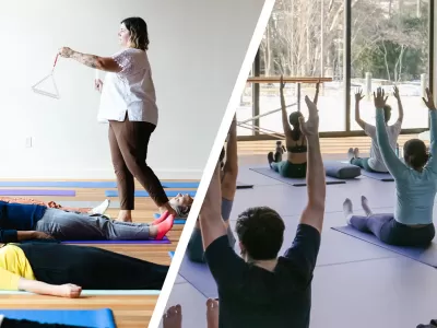 Split photo of a sound bath class and a yoga class