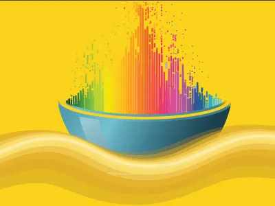Graphic of a bowl of rainbow colors floating on a yellow wave with a yellow background