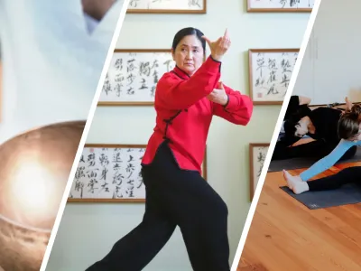 Photo divided into three images: sound bowls, tai chi pose, yoga pose
