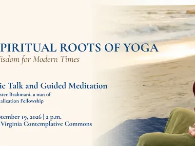 Poster for Spiritual Roots of Yoga talk with image of a woman meditating on the beach in the background