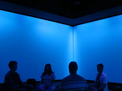 Four people sitting on cushions experiencing the exhibit in the Conservatory